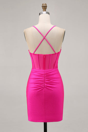 Fuchsia Corset Ruched Tight Short Prom Dress